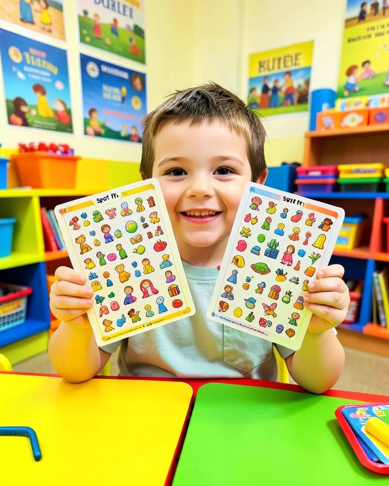 Criança feliz na escola dominical segurando cartas do Spot It bíblico